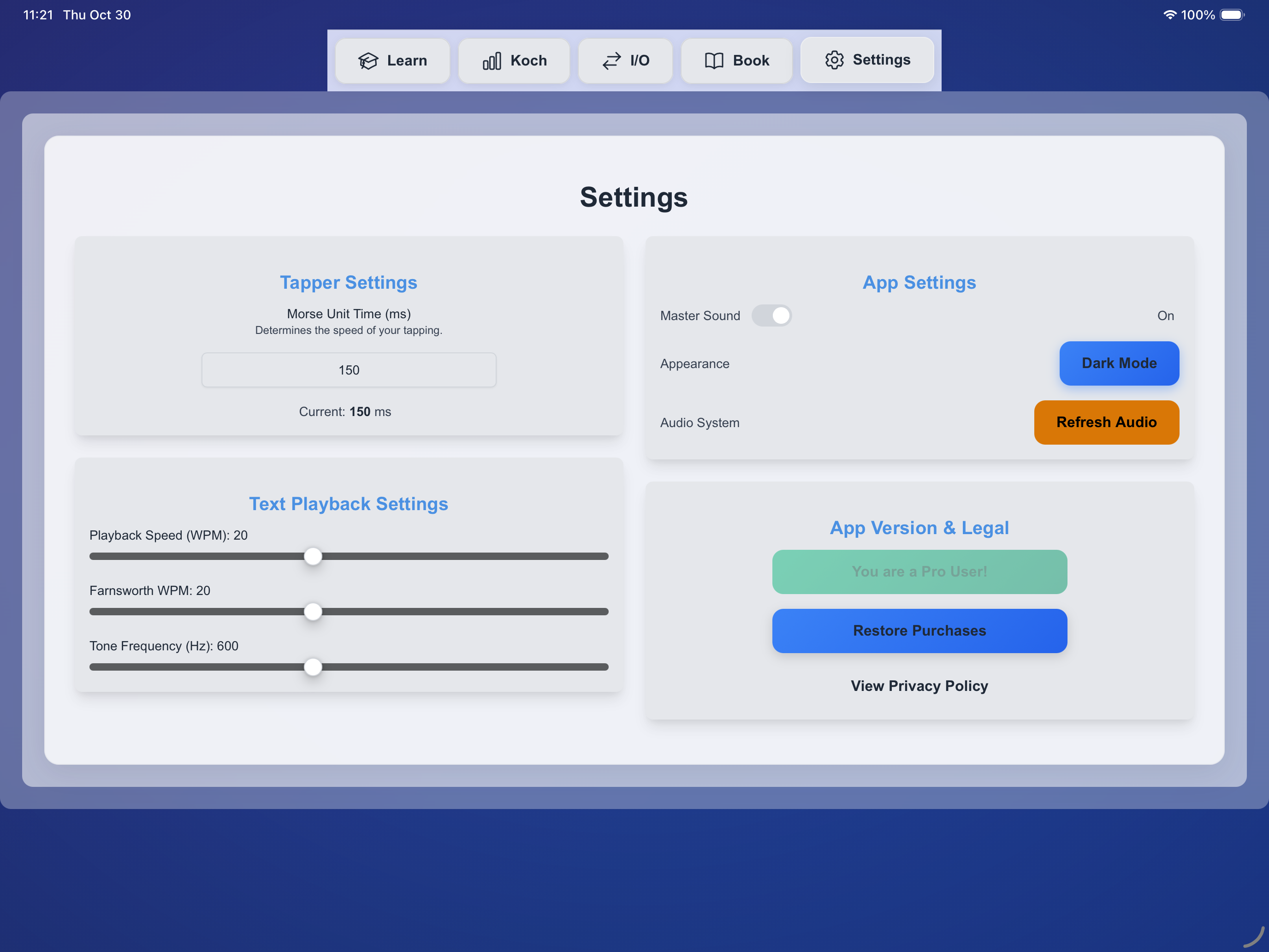 Clean and minimalist app interface featuring simple navigation, clear typography, and intuitive controls designed to minimize distractions while learning Morse Code